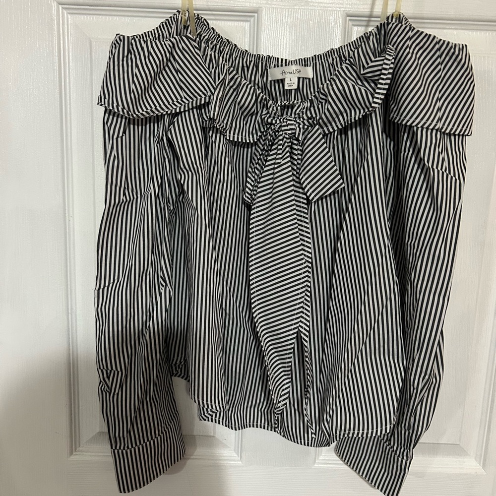 Active USA Black & White Striped Off-Shoulder Tie-Front Blouse